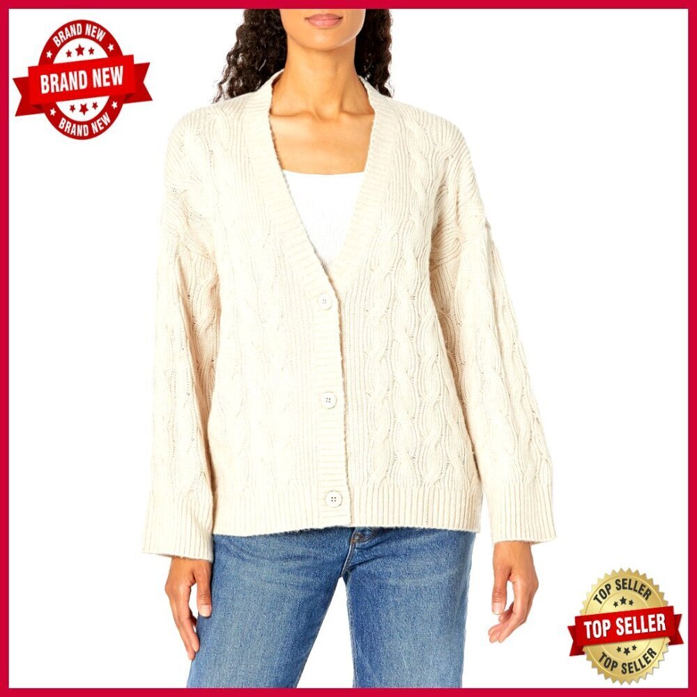 Wool Blend Cable Knit Cardigan, Long Sleeve Crew Neck, Button Closure